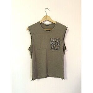 KENZO PARIS Sleeveless Khaki Green Brown Shirt Top Tiger Pocket Sz L Mens Womens